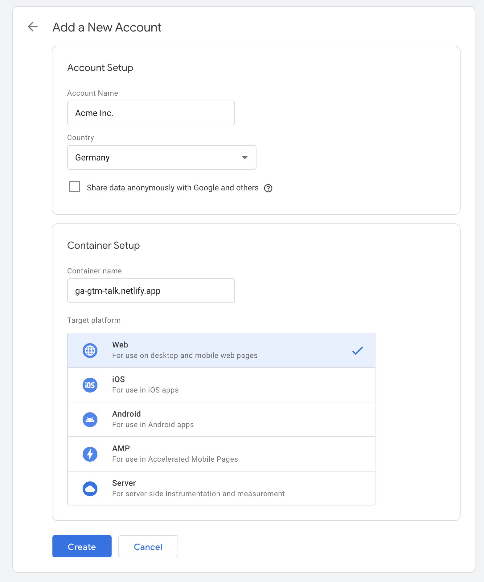 Google Analytics 4 Account Creation Screen